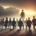 Create an appealing and thought-provoking historical image that symbolizes the rising power of military leaders indirectly leading to the end of a republic. The scene should show a military leader, of indistinct descent, standing in a powerful posture, inspiring loyalty among soldiers of diverse descents. The scene should capture a poignant moment when the soldiers are choosing to follow their leader rather than the symbol of the republic. Please ensure that the image does not contain any text.