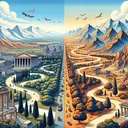 Illustrate a scene that depicts the contrast between the landscapes of ancient Rome and Greece. On one side, show the relatively flat and unified landscapes that characterize Rome, with roads spreading out and connecting different regions. On the other side, display the rugged and mountainous terrain of Greece, illustrating the isolation of Greek city-states due to the challenging terrain. Make sure to include elements like ancient architecture, lush vegetation, and indicative geographical landmarks to enhance the comparison. Avoid using any text in the image.