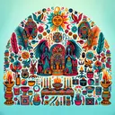 Create a vibrant composition encompassing key symbols from both the religions of Santería and Vodou. This could include, but is not limited to, colorful altars with various offerings, spiritual guides (loas/orishas) and other ritual elements, all in a respectful manner. Make sure there is no text included in this representation.