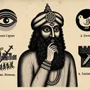 An illustrated representation of an ancient South Asian king, possibly appearing concerned or strategizing, surrounded by four emblematic symbols: 1) A pair of eyes representing a network of spies; 2) A dove, representing peace proposals; 3) A sword, representing an aggressive attack; 4) A walled city or barrier, representing isolation. However, this image contains no text and serves merely to accompany a historical multiple-choice question.