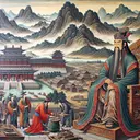 Create a detailed representation of Zhou dynasty. Highlight the ancient palace of the Zhou king, showing a ruler in traditional Chinese robes overseeing a vast landscape of mountains, rivers, and settlements, signifying his control over his kingdom. Also include Zhou artisans in another part of the painting, deeply involved in their craft, showcasing new tools or a significant discovery they've made.