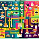 Imagine a colourful and interesting infographic that represents the results of a breakfast preferences survey about people's choices between french toast and pancakes and between sausage and bacon. The preferences are divided into four parts: French toast with sausage, Pancakes with sausage, French toast with bacon, and Pancakes with bacon. The infographic is devoid of any text, symbols, or numbers.