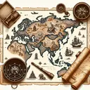 Illustrate an antique map, stylized to look as if it's from the era of Marco Polo's travels, strewn with symbolic representations of East Asia and Southeast Asia. Include major landmarks to highlight the areas he visited. Surround the map are items such as an open compass, an antique nautical telescope, and an old worn-out scroll to signify the era of exploration.