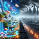 Create a split-screen image showing two contrasting landscapes. On the left, depict a fantastical, magical world – this world should be lush and ethereal with brilliant colors, twinkling stars, floating islands, burbling rivers of light, forest of enormous glowing mushrooms and sparkling fairy dust sprinkling from the arching skies. On the right, depict a dystopian, futuristic world – this world should be stark and harsh, with grey tones, towering steel structures, smoky factories, deserted streets illuminated by neon signs, and a sky filled with flying vehicles and ominous clouds.