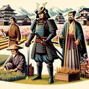 Create an inviting, detailed image that illustrates the feudal Japanese society. In the foreground, portray a Middle-Eastern samurai with distinct armor, a South Asian peasant tending the fields, a Hispanic daimyo in fine clothing, and a Caucasian shogun in formal attire. Make sure there's a clear setting that embodies historical Japan with houses, fields, a castle, and cherry blossoms. No textual elements should be present.