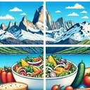 An illustrative image for a geography and a language quiz. The first component of the image is a breathtaking view of a vast mountain range, with soaring peaks covered in snow under a clear blue sky, reminiscent of the Andes as they overlook Santiago, Chile. For the second part, imagine a simple and enticing Spanish salad filled with an array of colorful and fresh vegetables, suggesting the phrase 'Me gustan las ensaladas'. Please ensure that no texts are included in the image.