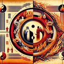 Create an abstract representation based on the teachings of Confucius. Incorporate the concept of 'The Way', 'Yin and Yang', 'Five relationships', 'Honoring Elders' and 'Filial Piety' into the image. Also include visual representations of burning paper money and severe punishments but place lighter emphasis on them as incorrect options for the teachings of Confucianism. Please refrain from adding any text to the image.