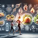 Generate an image that visually represents a healthy lifestyle incorporating various elements linked to obesity, its risks and ways to combat it. The image should show a balanced meal with carbohydrates and unsaturated fats, symbolizing choices that provide energy and reduce heart disease. Further, depict a person of Asian descent participating in exercise to depict environmental factors influencing obesity. Also include an abstract representation of genes and hormones to reflect the genetic and hormonal factors contributing to obesity. Lastly, include a water source hinting at its vital role in healthy living.