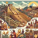 Craft an engaging image depicting the key themes of South American history and agriculture. Showcase a montage of thematic elements such as early human figures engaging in farming on terraced landscapes, architectural marvels symbolizing the Inca civilization, a demarcation indicating colonization impact on Spain and native people with symbols like a bag of gold and a disease symbol, and crops like coffee and tea. Ensure the picture conveys the essence of historical transitions without any textual information.