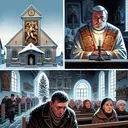 Illustrate a scene of a small village church on New Year's Day. Depict a group of Middle Eastern people sitting in pews, their faces pale and silent with a tense atmosphere around them. Focus on a Hispanic priest behind the pulpit, visibly sweating despite the cold, symbolizing his anxiety and discomfort. Also, show a noble family entering the church displaying a coat of arms featuring a giant crouching under a fir tree, with empty streets visible through the church doors. Emphasize the contrast between the expectant nobles and the silent villagers.
