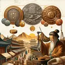 An enticing visual representation that complements the historical context of the Shang dynasty. The image features iconic symbols associated with the Shang dynasty such as an ancient scholar focusing on the early forms of pictographs, a merchant carrying silk fabrics indicating the establishment of the silk road, a hand holding old metal coins signifying the introduction of currency, and an artisan skillfully molding a bronze artifact highlighting the development of bronze metalworking. The scene should be historical and should evoke an appreciation for the culture and achievements of the Shang dynasty. No text should be included in the image.