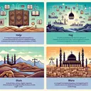 An educational illustration without words, designed to evoke elements of Islam. Show four individual areas, each linked to the related question. The first area shows a symbolic representation of sacred Islamic texts, depicted as beautifully designed books. The second should suggest the religious ritual of hajj, with silhouettes of individuals journeying towards a distant city. The third area visualizes sharia, perhaps indicated by a justice scale or similar of significance. Lastly, portray a detailed mosque with a prominent minaret, hinting towards the Islamic tradition of prayer. Ensure all depictions are respectful and acknowledge the variety within the Islamic community.