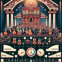 Create a visually appealing image that represents the underlying concepts of a Baroque concerto. In the image, there should be four distinct elements: first, an ensemble of instruments signifying the 'concertino', the 'continuo', and the 'ripieno' groupings in a concerto grosso. The image should depict discrepancy in the size of these groups, with 'ripieno' being the largest. Secondly, depict a tempo pattern commonly used in a Baroque concerto, perhaps through a metronome showing fast-slow-fast tempo pattern. Thirdly, envision an illustration of a single instrument dominating the scene, representing a cadenza, a solo passage played by one instrument. Lastly, represent the concept of a 'continuo', perhaps illustrated through bass instruments and a keyboard instrument supporting others. The image should avoid any presence of text.