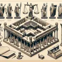 Create a detailed representation of an ancient Roman governmental structure with clear divisions representing separation of powers and checks and balances. Include two figures symbolizing consuls, holding scales to indicate their role as judges. Then show a modern governmental structure, designed with a similar layout to show commonalities, along with a sand clock indicating term limits and a scroll to represent a written constitution. Please avoid adding any text to the image.