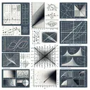 An image featuring various abstract representations to symbolize mathematical questions. It includes tables illustrating data points that imply a relationship between 'x' and 'y', sketches of graphs to correspond with given mathematical equations, and dotted lines indicating the movement of a line or a path through specific points in a Cartesian plane. The depiction also includes an abstract representation for the concept of parallel and perpendicular lines, along with a subtle way to demonstrate absolute value functions and their transformation. Finally, the image visualizes a scatter plot that suggests a specific type of correlation.
