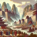 Create a vivid, appealing image that depicts a scene from Ancient China during the reign of Shi Huangdi. Show a landscape where towering walls of various Chinese kingdoms are being torn down by a group of laborers under the emperor's command. Also display in the background the royal court, with nobles looking on anxiously. The overall color scheme should be inspired by traditional Chinese art, with predominantly earthy tones and reds.