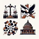 Create a symbolic image that represents the four Constitutional principles mentioned: Separation of powers, Consent of the governed, Freedom of Speech and a Bicameral legislature. The image should include a balanced scale as a symbol of separation of powers, a group of diverse people holding an agreement to illustrate the consent of the governed, a flying bird with a paper scroll in its beak as a symbol of freedom of speech, and a two-sectioned dome-shaped building representing a bicameral legislature. Ensure the image contains no text.