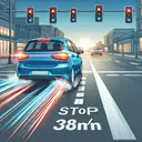 Illustrate a scene of a city-dweller drive in a vivid blue car on an urban road, approaching a set of traffic lights. The lights are poised right at the time of turning red. The car is moving swiftly, leaving behind a trail symbolizing the 18m/s speed. Depict the asphalt road stretching out, highlight a stop line 30m in front of the car and visualize the abrupt braking scenario by showing brake lights flashing and tire skid marks closer to the stop line. However, do not show any text or numbers on the image.