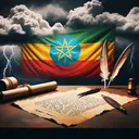 A historical setting featuring a symbolic representation of the Hewett treaty. Visualize a parchment paper with two quills, representing negotiation. Show Ethiopia's national flag in the backdrop to symbolize the country. Portray storm clouds looming overhead to imply the forthcoming disastrous outcomes. Remember, the scene should mimic the mood and weight of the situation, but not include any text.
