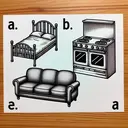 Create an illustrative image that depicts three items mentioned in a non-English language. The items are: A. A bed, B. a stove, and C. a sofa. Arrange them in such a way that the bed stands as the least likely to be found in a kitchen environment in a typical home setting.