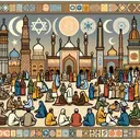 Illustrate an image showing a multitude of religious symbols coexisting harmoniously. Surround these symbols with a patterned border that incorporates elements from the diverse ethnic motifs found in Southwest Asia. Ensure no text is included within the image. In the foreground, depict people of various descents such as Caucasian, Middle-Eastern, and South Asian interacting peacefully. They should be engaged in various activities that display a range of religious practices, such as prayer, meditation, or communal meals. The background should show different architectural styles representing places of worship across the region.