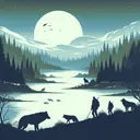 Create an image depicting a serene wilderness scene. Have elements such as wolves, the silhouettes of men, dense forests and an open expanse of a snow-covered landscape under a pale moonlight. Make sure the image exudes a sense of tranquility and mystery, much like Barry Holstun Lopez's evocative descriptions. Maintaining an air of observation, the humans in the scene should not interact with the wolves but rather, are portrayed as distant onlookers in the scene.
