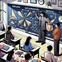 Visualize a classroom scenario where a dynamic geometry teacher, an Asian male, is demonstrating to a class of diverse students the different kinds of angle pairs. He uses a large blackboard to create real-life situations, like the hands of a clock or the angle of a sunray hitting a crystal. Display on the blackboard, without words, these types of angles - adjacent and supplementary, adjacent and complementary, vertical and supplementary, vertical and complementary, all at a 35 and 55 degree angle. Additionally, show a group of students of various descents attentively observing the demonstration.