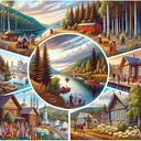 A detailed visual representation that showcases the appealing aspects of living in the western part of Russia. The image should include the beautiful forest landscapes, with their majestic pine and birch trees, scattered with a variety of wildflowers. The serene rivers and sparkling lakes should be present, reflecting the endless skies overhead. Additionally, capture the unique blend of rural and city life, with quaint wooden houses next to modern skyscrapers, exhibiting an inspiring fusion of tradition and modernity. The people, a mix of Caucasian and South Asian men and women, working, socializing, and enjoying the Russian lifestyle complete the picture.