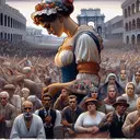 An illustrative image showing a symbolic representation of the aftermath of a historic battle. The scene features a European country, represented as a woman in traditional Italian attire, reflecting a sense of defeat. The background holds a crowd, symbolising the citizens, with a variety of descent including Caucasian, Hispanic, Black, Middle-Eastern, South Asian, and White, expressing strong public demand through their body language and expressions. The overall mood of the image is one of compelling call for change and reform. Please ensure that the image is without any text.