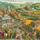 Create a captivating, detailed and colorful representation of ancient Rome. The city should feature landmarks such as the Colosseum, Roman forums, and villas. In the hustle and bustle on the streets, demonstrate diverse groups of Roman society - men and women, patricians and plebeians, senators, magistrates, and others. Farming on fertile farmland should be visible in the countryside. Any forms of text should be avoided. Alongside the city, depict Etruscan styles of architecture that influenced Roman designs. Include an image of a King being overthrown by tenant farmers, aristocrats, and commoners, representing the birth of a republic.