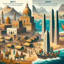 Create an image showcasing the cultural differences between Mali and Axum, rooted in history and religion, presented without text. Visualize Mali with Islamic architecture, like mosques and minarets, and Axum with towering stelae. Depict traders in Mali showcasing their wealth through gold, and in Axum, traders crossing the desert. Paint a rich and detailed oceanic scene to denote Axum's historical connection with trade across the Indian Ocean.
