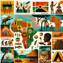 Create an educational image made as a collage on the topic of African history and geography. The image includes elements representing Pan-Africanism, such as symbols of unity, symbols of rebellion and liberation, and important landmarks of Africa. Also represent historical African empires such as Ghana and Mali in their trading glory, emphasizing their geographical locations and trade routes. Depict Stone Age humans demonstrating the use of fire for cooking, perhaps inside a simple stone-age dwelling or outside in a nature scene. The collage should have representations of Swahili culture, displaying influences from trade interactions with Southwest Asia. Illustrate the physical geography of Africa with emphasis on its natural resources and vastness. Do not include any text or representation of specific people in the image.