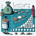 Create a detailed image representing a complex mathematical problem about a seller dealing with eggs. Visualize a seller, with South Asian descent and female gender, standing beside a large container filled with 120 eggs, showing a few of them cracked. Provide a separate section in the image to represent the transaction metrics, but without any text: a bag of money equating to #250; one portion with 20 cracked eggs being sold at a lower price (symbolized by smaller coins); and the other portion with 100 good eggs being sold at a higher price (symbolized by larger coins). The result of the transaction should be represented by an increasing growth graph without any numeric or text details.