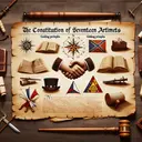 Visual representation of a historic document labeled 'Constitution of Seventeen Articles' symbolically depicting its importance. It features an old paper with symbolic images representing: an agreement signified by a handshake, guiding principles depicted by a compass and scroll, a new law code shown by a gavel, and unification of clans represented by different flags coming together, all laid on an ancient wooden table. The image should contain no text.