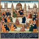 An illustrative image depicting the High Middle Ages with a special emphasis on education. The image should feature various elements of medieval university life, with figures engaging in scholarly activities. It should represent the rise of universities, shifting the focus slightly away from the exclusive study of Christianity, towards diverse subjects being taught. Interactions between students and teachers, who may be speaking in Latin, should be depicted. The emergence of an educated social class could also be symbolized with figures appearing prosperous, learned, or leading a scholarly discourse. Make sure no text is included in the image.
