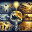 A detailed conceptual image representing the innovative influence of Henry Ford in the early 20th-century industrial sector. The image should depict four distinct scenes: 1) a symbolic representation of a marketing revolution taking place with emphasis on early forms of advertising, 2) a transportation sector transformation, with the focus shifting from the invention of an automobile engine to the advent of the first flight, 3) a scene depicting the economics of transportation, especially how the production of passenger automobiles affected railroads, and 4) a visual metaphor showing the concept of an assembly line and its adoption across various industries. The image should be rich in historical elements from the early 20th century and avoid any textual content.