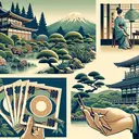 A serene illustration showing elements of Japanese culture influenced by Chinese culture. Display a well-tended Japanese garden with lush, meticulously arranged greenery, a pair of hand-held Japanese yen showcasing their unique design, a beautifully crafted scroll painting depicting a mountainous landscape imbued with Japanese aesthetics, a visual representation of Japanese social structure, implying varying societal roles, and finally, a reference to the governmental system, possibly a building with distinctive Japanese architectural features. Please avoid including any text in the image.