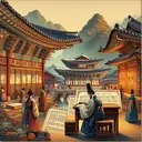 An appealing image showing elements of Koryo culture. Imagine a picturesque scene in Korean traditional setting, reflecting historical aspects such as intricate architecture, beautifully detailed traditional clothing, and signs of a distinct hierarchical society. Scrutinize separately the presence of a minuscule exam paper on a desk symbolizing civil service examinations, alongside an anonymous individual practicing unique religious rituals to depict an essence of distinct Korean religion. Note that the image should be free of any textual elements.