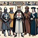 Create an attractive visual representation of the Middle Ages, highlighting various elements pertaining to the Church, religion, and people of different backgrounds. The image should have no text. It should feature figures representative of the options considered, including a European knight, a Christian, a Muslim, and a Jew, depicted neutrally and without bias. Also, subtly hint towards the concept of heresy in the context of the Middle ages, without any explicit or offensive innuendos.