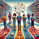 A captivating illustration depicting the complexities of choosing subjects for university studies. Start with an image of a diverse group of students: a Middle-Eastern man, a Caucasian woman, a Black woman, a South Asian man and a Hispanic woman. They are all standing in front of a large library full of books that symbolise knowledge. Each student is holding a different symbol: a globe symbolising international studies, an atom for science, a brush for the arts, a statistical diagram for economics, and a book for humanities. A path splits into various other paths at their feet, showing the different directions for their career paths.