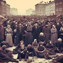 Create an image that symbolizes unrest among the poor in the early 1900s in Russia. The scene might consist of a distressed crowd of people in early 20th-century attire, expressing an atmosphere of discontent, frustration and hope for change. There could be signs of poverty and hardship, such as patched-up clothing, tired expressions and desolate urban surroundings. The image should be entirely without text.