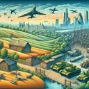 Create a picturesque scene embodying the historical changes in Russia. Illustrate a transition from farms to cityscape to symbolize the shift from agricultural communism to urbanization. Also incorporate military symbols such as tanks or planes to convey the intensification of military spending and subtle elements suggesting a restriction on freedom of expression such as a closed microphone or a muted megaphone. All elements should subtly blend into the landscape and none should dominate. Ensure the image does not contain any text.