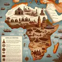 Create an image that encapsulates various aspects of African history discussed. Show a map of Africa with territories of ancient Songhai, Ghana, and Mali empires marked distinctly. Illustrate the concept of a rich, flourishing empire and its downfall due to key factors. Add depictions of trade networks, agriculture, and a Muslim cultural center showcasing mosques and schools. Do not include any text in the image. Finally, symbolize a group migration spanning across East, Central, and Southern Africa.