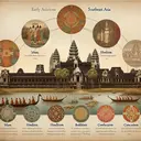Create a visually appealing image that encapsulates early Southeast Asian civilizations, while incorporating elements relevant to the descriptions given. In the foreground of the image, delicately depict the grandeur of the Angkor Wat temple, a crucial monument built by the Khmer civilization. Include motifs representing Islam, Hinduism, Buddhism, Confucianism, and Daoism that subtly hint at their spread in Southeast Asia. On a side, subtly suggest the cultural influence of Han Chinese in Vietnam. Evenly distribute these elements to signify various religious influences. Finally, integrate elements suggesting a Southeast Asian nation, represented without a colonial hook to indicate European absence, such as a hint of Thailand's renowned cultural emblem.