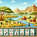 Illustrate an educational scene related to African civilizations. Show an African landscape with prominent geographical features such as savannas, mountains, and rivers. Include ancient structures that suggest civilization such as mud-brick houses and pyramids. Also, illustrate symbols representing common domains of knowledge, like mathematics, sciences, and arts, that are frequently assessed in unit tests. Keep the picture diverse and educational, referring to different African regions and periods, but do not include any text in the image.