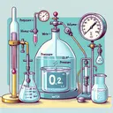 An illustrative image portraying a scientific experiment in progress. Show a laboratory setup with various equipment like beakers, a barometer for measuring pressure, thermometer showcasing a temperature of 21.3oC, and a sealed container containing a gas sample which is symbolically represented as O2. Portray water sufficient to indicate that the gas is 'wet'. Articulate the concept of volume and pressure subtly by demonstrating the changes in the gas sample.