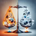 A symbolic representation to visualize the clash of opinions between supporters and critics of the climate change theory. Depict a balanced scale, with one side heavier than the other, symbolizing the differing viewpoints. On the heavier side, portray images suggestive of scientific research, such as lab glassware, graphs, and research papers. On the lighter side, portray images being engulfed by warming elements, like a globe being encased by an hourglass with sand slowly dissipating, representing those who want to study the warming trend. Make sure all elements are juxtaposed in a dramatic and impactful manner.