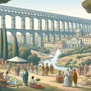 Create an illustration of a tranquil Roman landscape. Depict a bustling city in the distant background with imposing buildings and an amphitheater. In the foreground, include Roman citizens of diverse descent and gender, some enjoying a picnic, others strolling by. The most defining characteristic of the scene is a grand Roman aqueduct, gracefully arching across the scene. The aqueduct transports fresh, sparkling water from afar, hinting at the ingenious engineering marvel of Roman civilization. Do not include any text in the image.