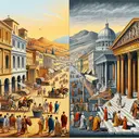 Create an image depicting two significant periods in Roman history: the rise and end of Pax Romana. On one side of the image, show the early Roman Empire, around 30 BCE, with bustling streets, grand buildings, and Roman citizens going about their daily life. On the other side of the image, portray the end of this era, around 180 CE, with a solemn scene showing the death of a significant leader. Make sure that all figures depicted in the image are generic, without resemblance to any specific historical figures.