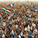 Create an image that visually represents widespread public demonstrations in Central Asia and the Caucasus. The image should show an assortment of peaceful protestors symbolizing the different nations and people of Central Asia and the Caucasus. The protesters depicted should be of various descents like Caucasian, Hispanic, Middle-Eastern, South Asian, Black, and White equally. The crowd should exhibit diverse genders. Imagery related to democracy signs, anti-corruption banners, and a feeling of unity should be infused into the graphic. Avoid inclusion of any text or logos, and please do not make references to specific places or events.
